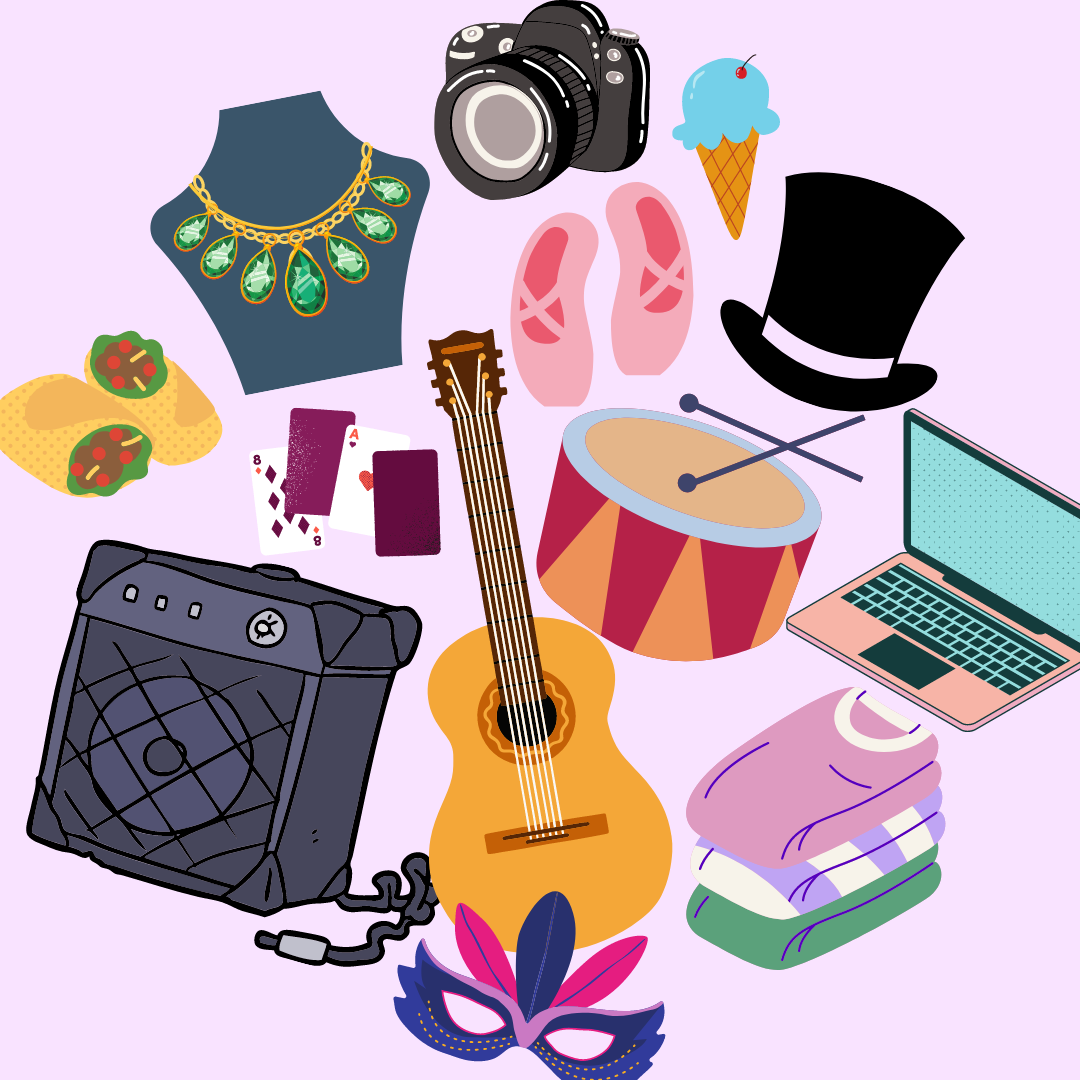Musical equipment, costumes, and props on lavender background