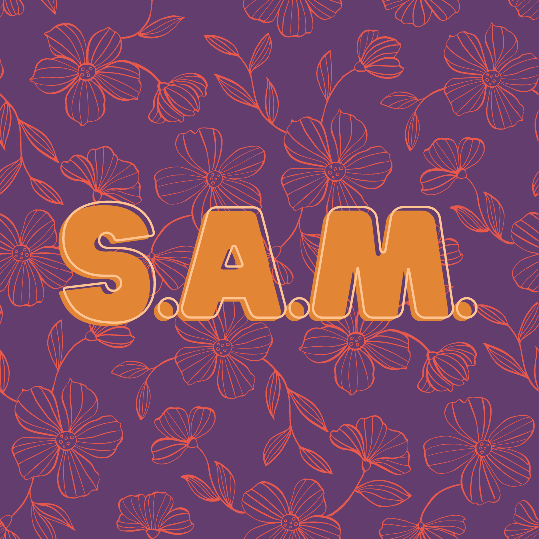 The letters SAM (for Sexual Abuse and Molestation coverage) on a purple background with pink flowers