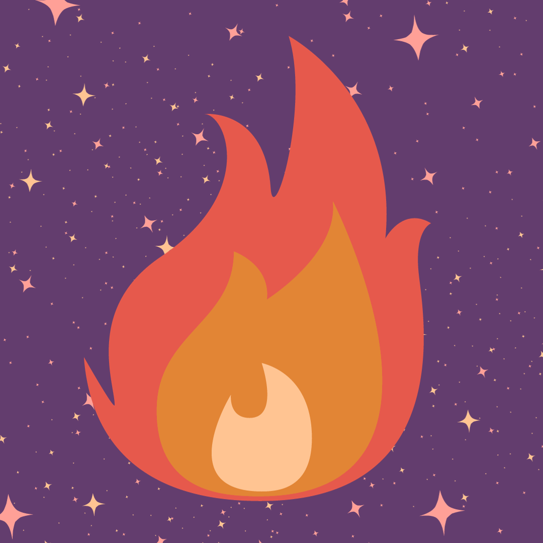 Flame with sparkles on a purple background