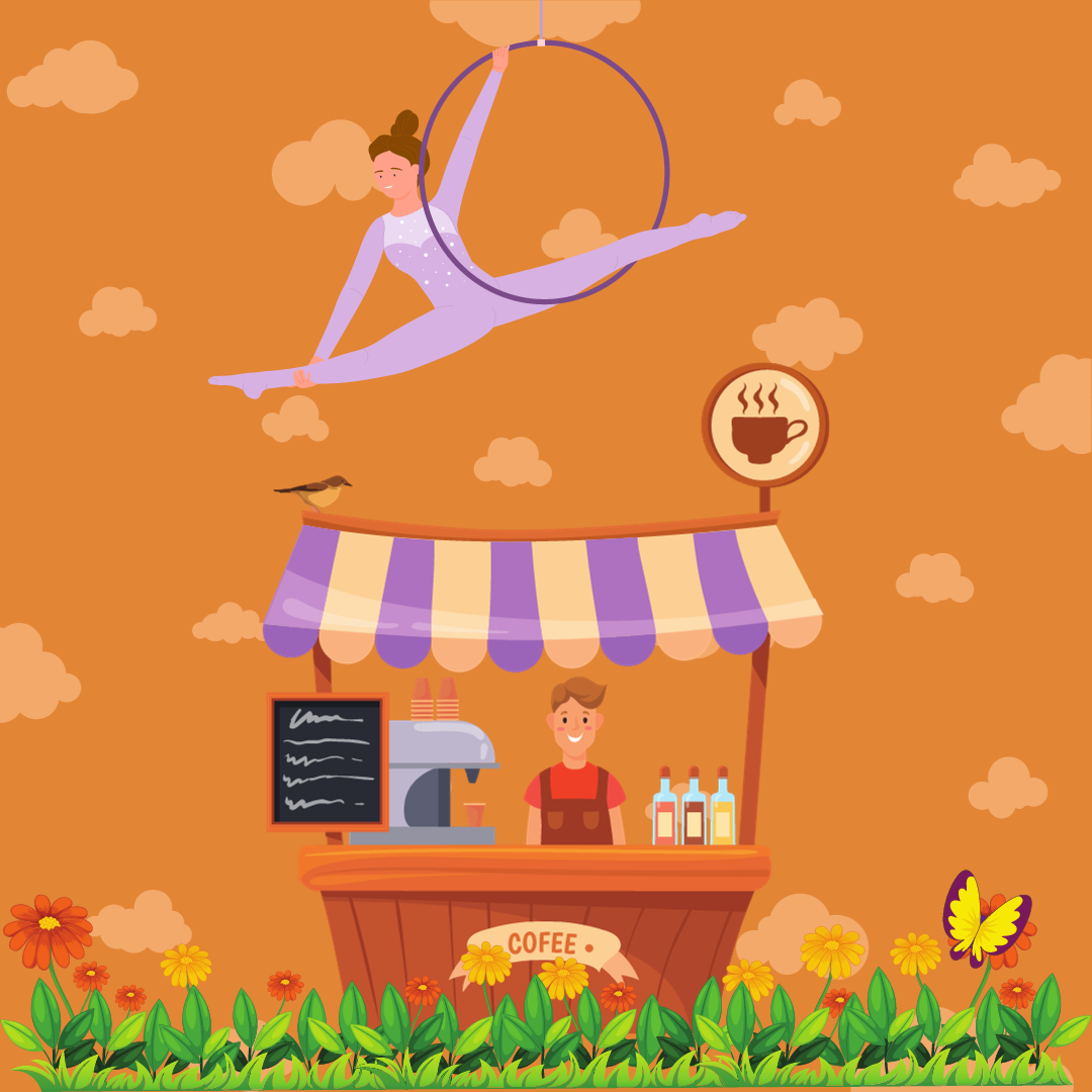 Aerialist in the sky and a pop-up coffee shop cart on the grass with an orange sky and orange clouds