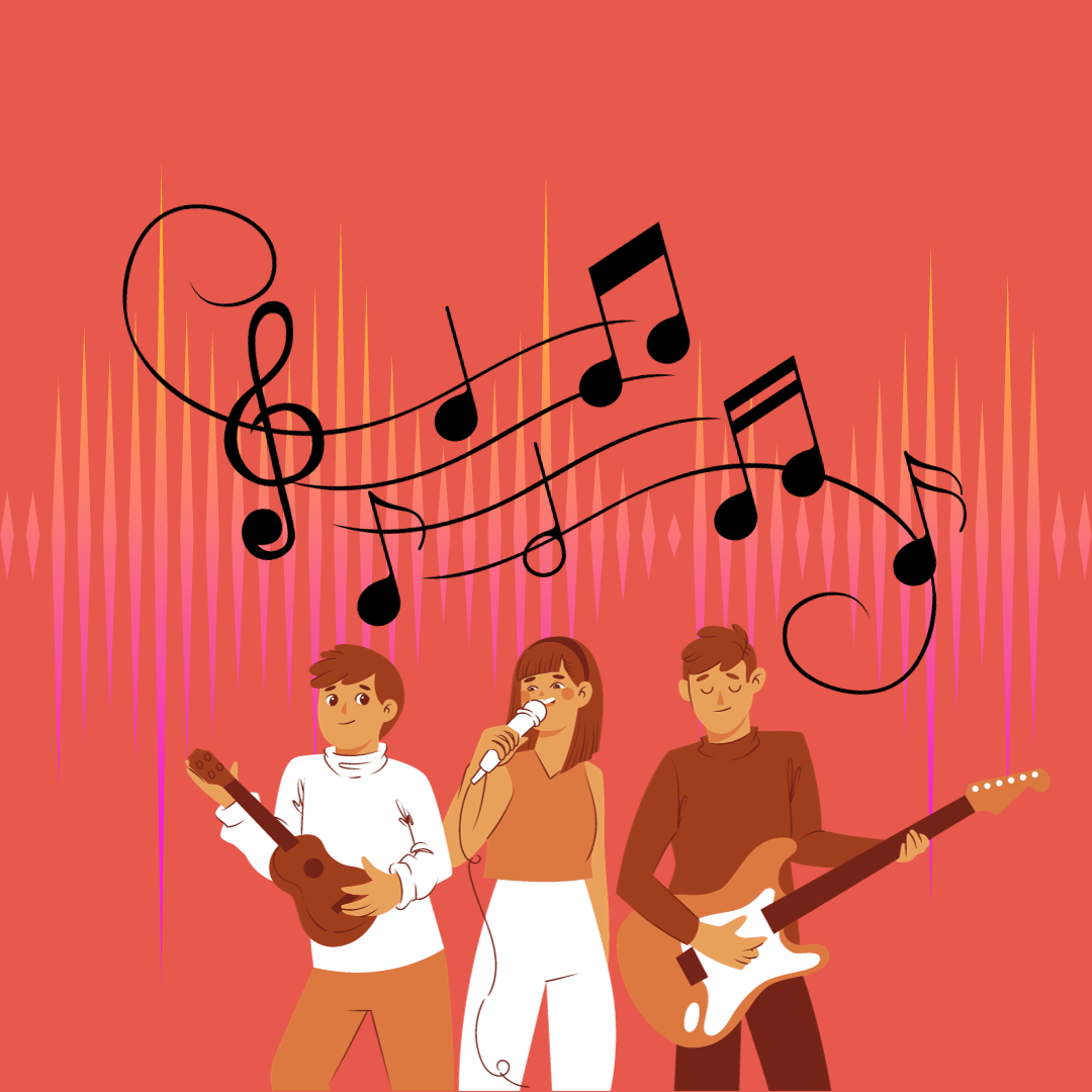 Singer and band members on coral background with black musical notes