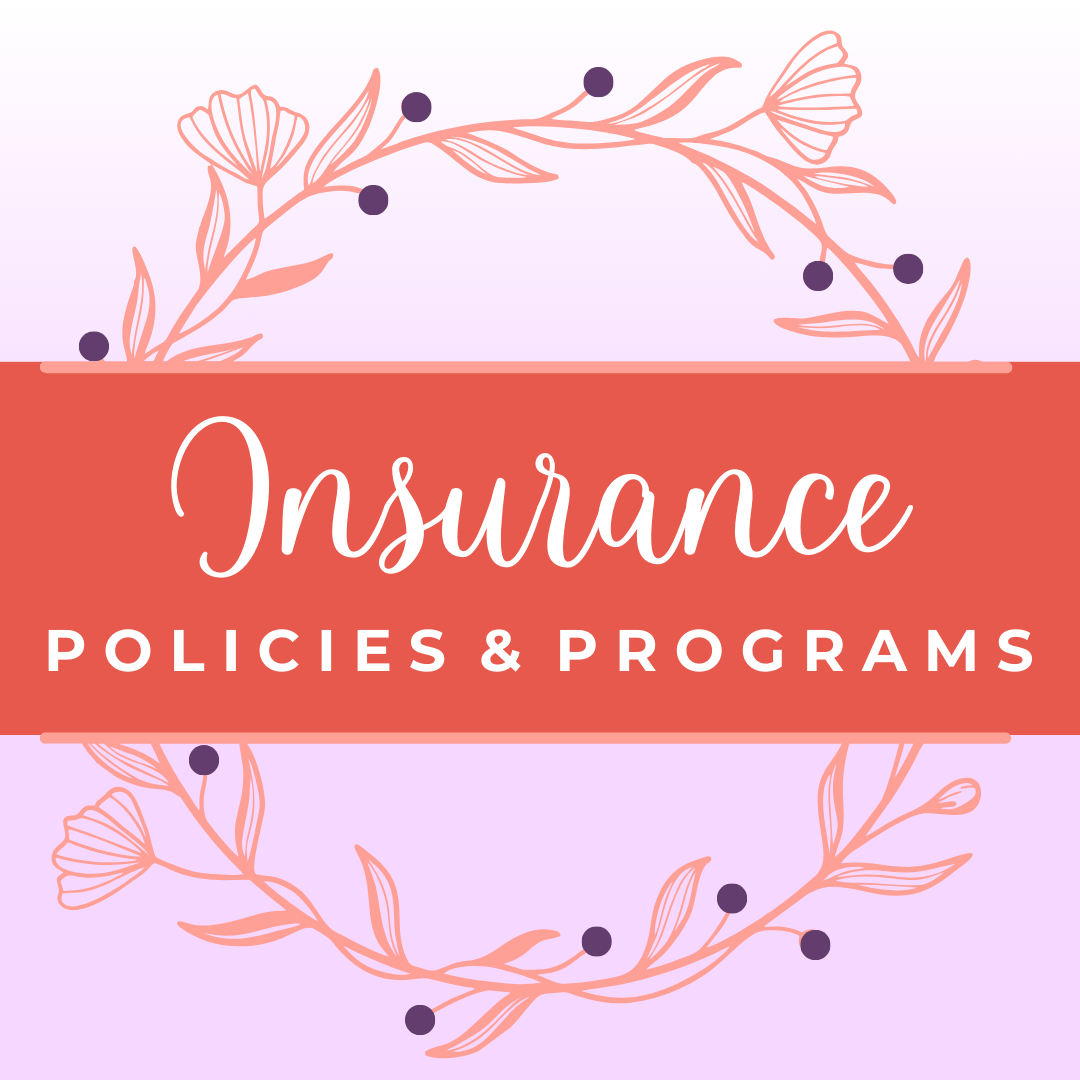 Insurance policies and programs written in white lettering on a coral banner background, all surrounded by a light pink circle with foliage